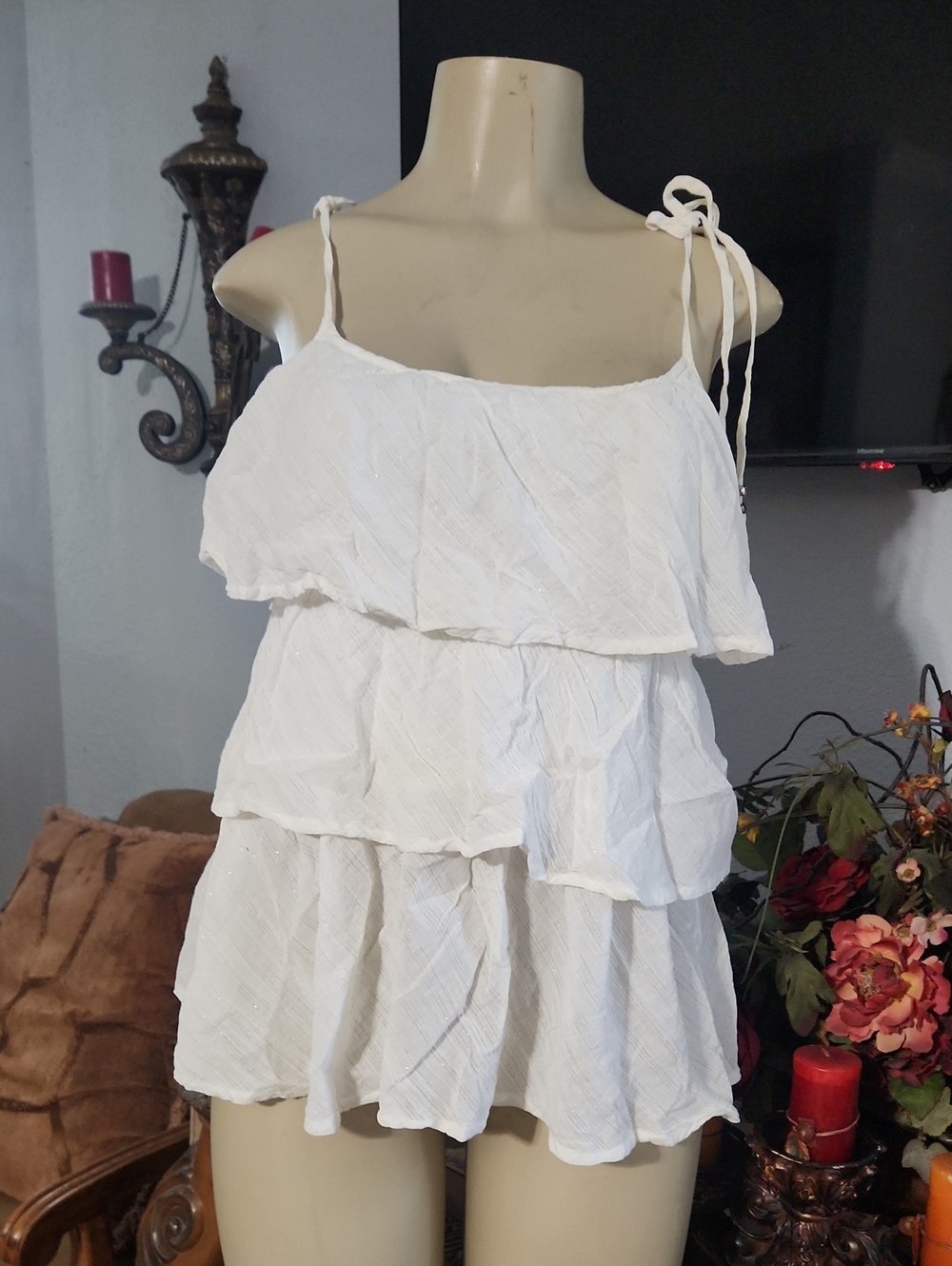 White Tiered Ruffle Summer Dress with Tie Straps Pit To Pit 19 Stertch